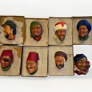 Vintage Character Wall Masks Set of 8 Bossons Style Chalkware Head Sculptures